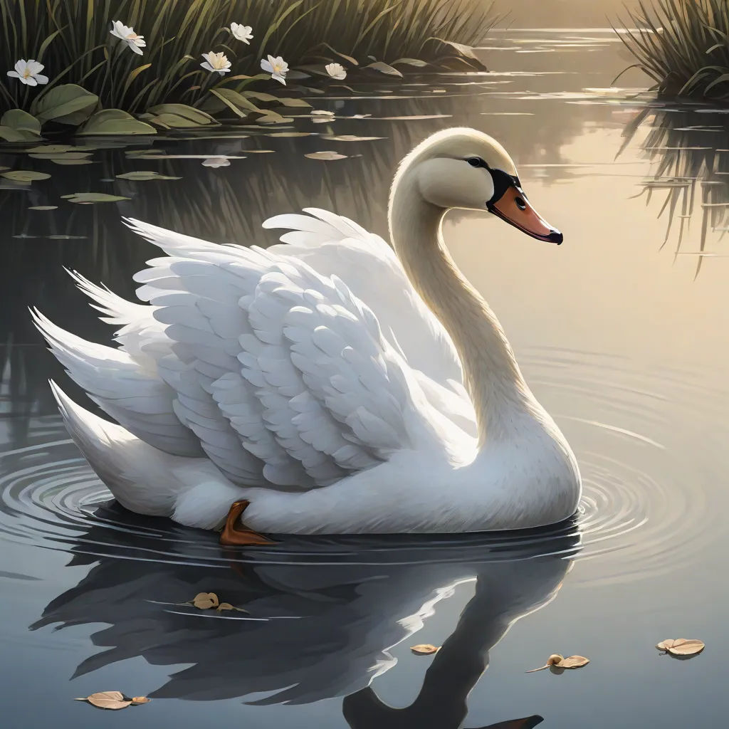 a white swan floating on top of a lake next to a forest filled with trees and flowers and grass, fantasy art, a photorealistic painting, Anne Stokes, highly detailed digital painting