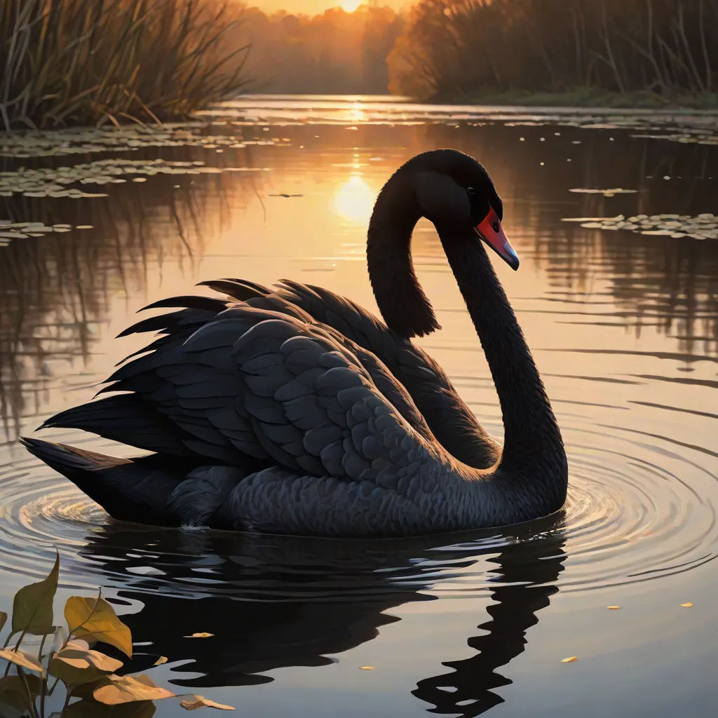 a black swan swimming in a lake at sunset or dawn with reeds and water lillies in the foreground, magic realism, a photorealistic painting, Anthony S Waters, realistic painting
