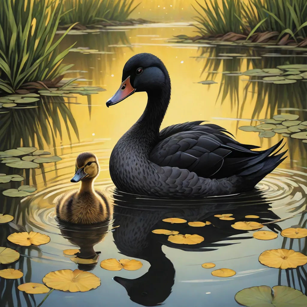 a duck and its baby swimming in a pond of water with lily pads on the water surface and a yellow sky, photorealism, a storybook illustration, Brothers Hildebrandt, highly detailed digital painting