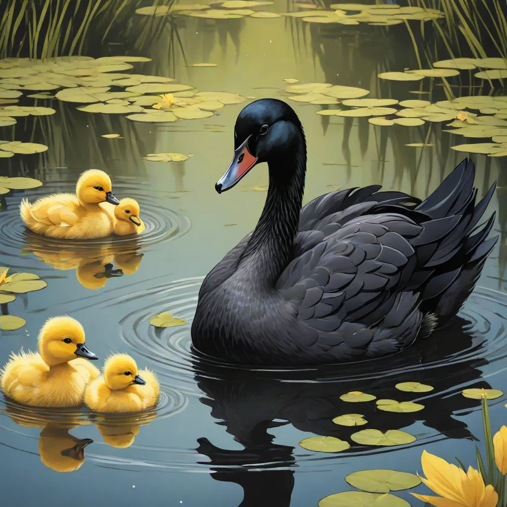 a mother duck with two baby ducks in a pond of water with lily pads and yellow flowers in the background, magic realism, a storybook illustration, David Martin, highly detailed digital painting