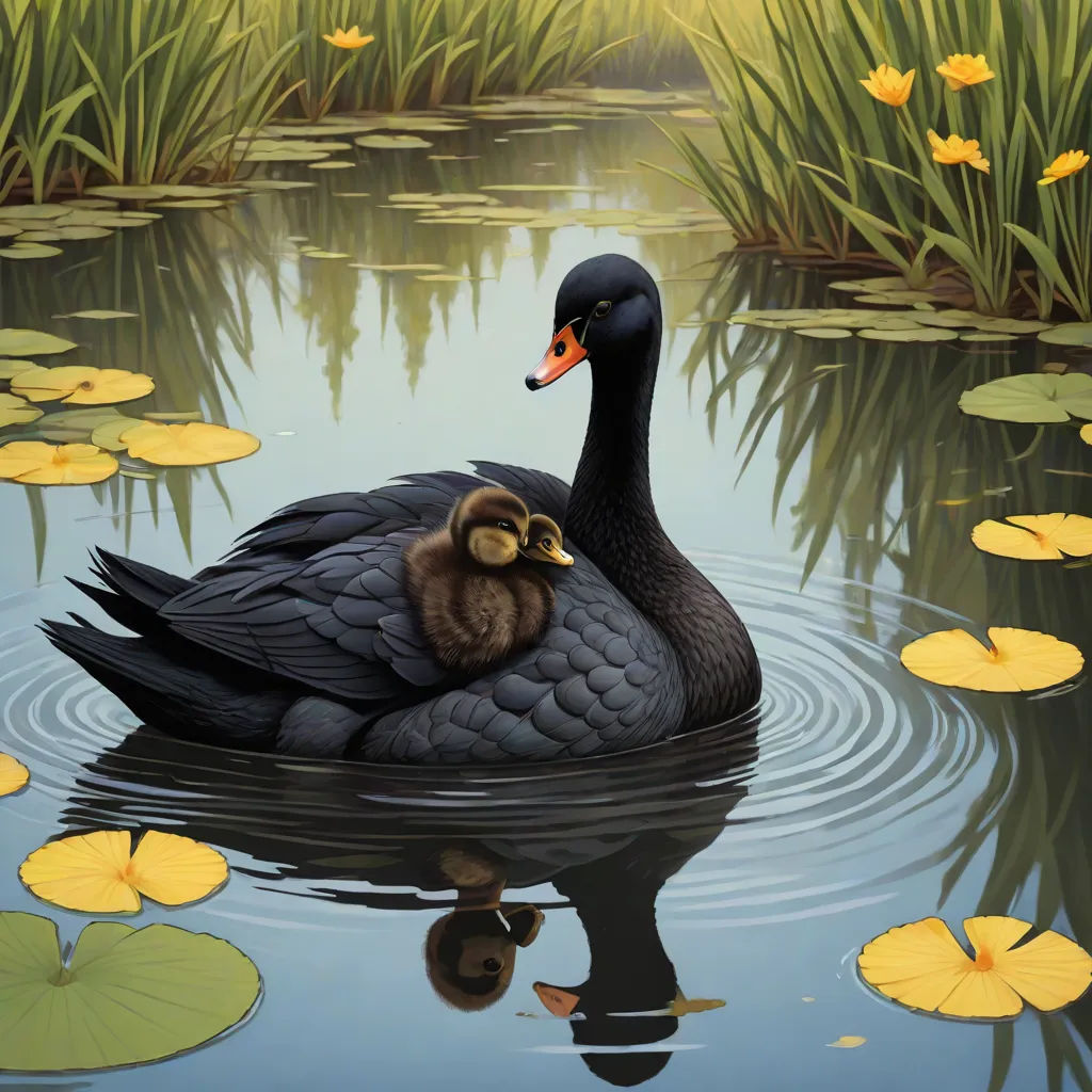 a mother duck and her baby swimming in a pond with lily pads and water lillies in the background, photorealism, a photorealistic painting, Chris LaBrooy, highly detailed digital painting