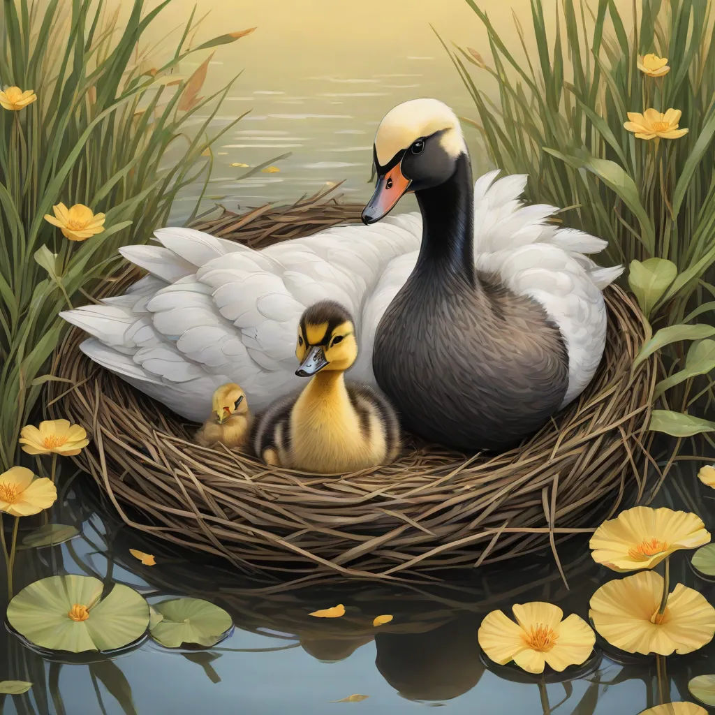 a painting of a mother duck and her two babies in a nest with water lilies and yellow flowers, photorealism, a photorealistic painting, David A Hardy, highly detailed digital painting