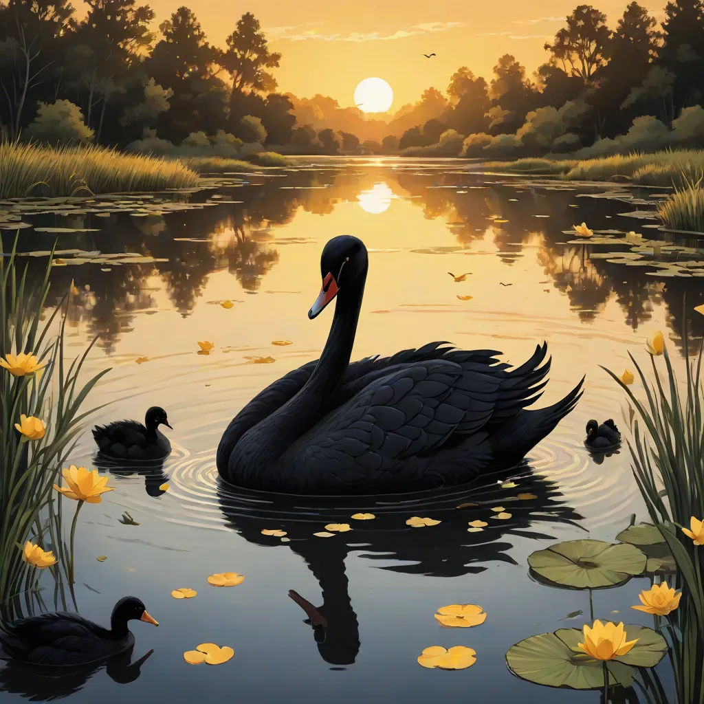 a painting of a black swan and two ducks in a pond with lily pads and yellow flowers in the background, magic realism, a photorealistic painting, David A Hardy, highly detailed digital painting