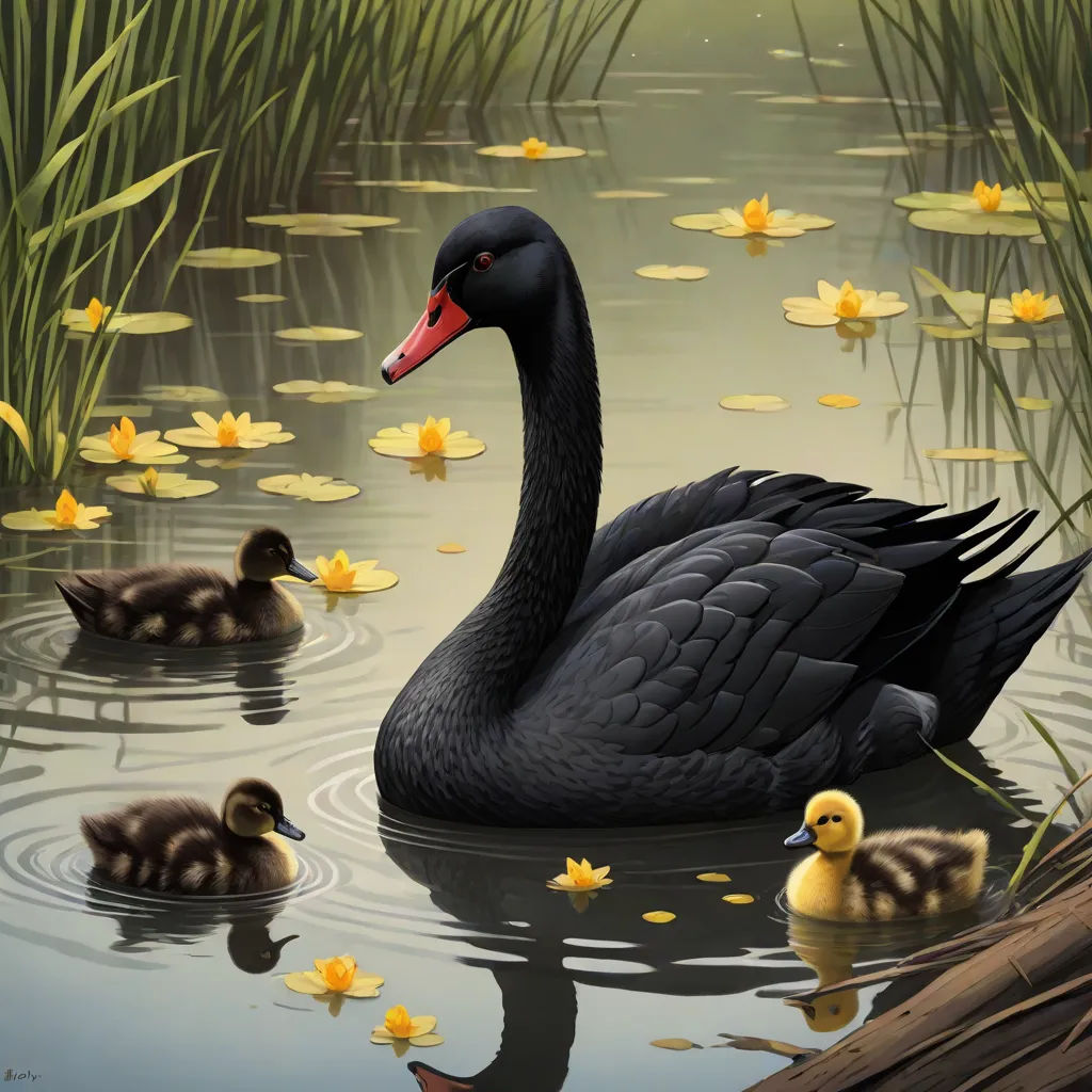 a black swan with two baby ducks in a pond of water with lily pads and yellow flowers on the water, gothic art, a storybook illustration, Cliff Childs, highly detailed digital painting
