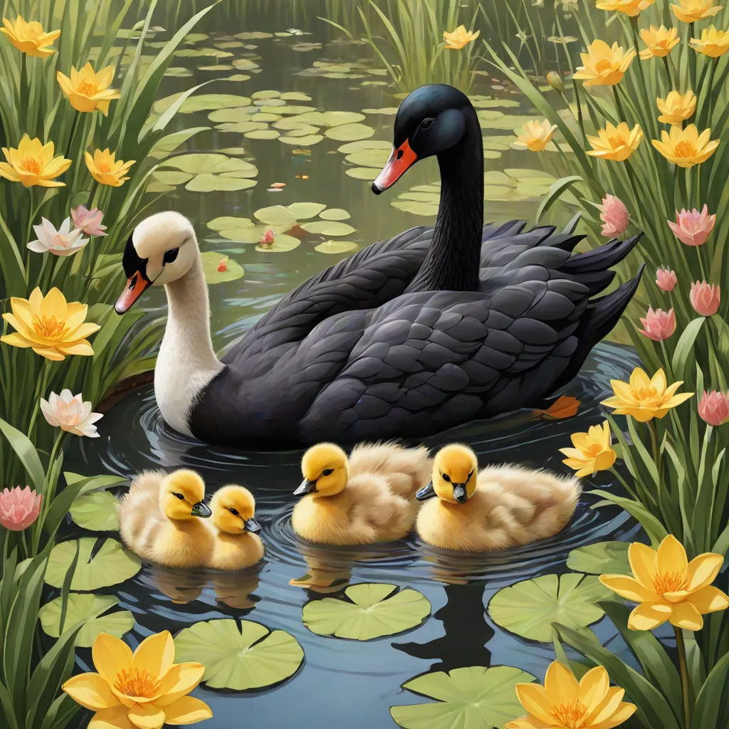 a painting of a mother duck with her three ducklings in a pond of water lilies and yellow flowers, magic realism, a storybook illustration, Chris LaBrooy, highly detailed digital painting