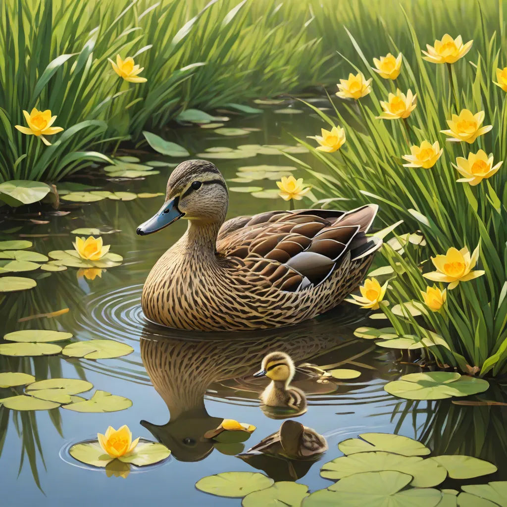 a duck and its duckling in a pond of water lillies and yellow flowers with green leaves on the water, photorealism, a photorealistic painting, Brothers Hildebrandt, highly detailed oil painting
