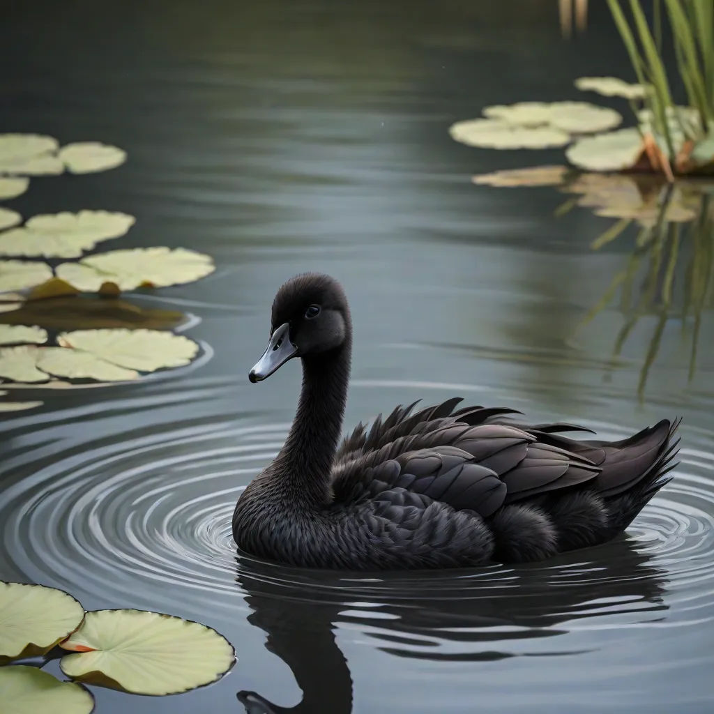 a black duck floating on top of a lake next to lily pads and lily pads on the water's surface, photorealism, a photorealistic painting, Anne Nasmyth, rendered in unreal engine 5