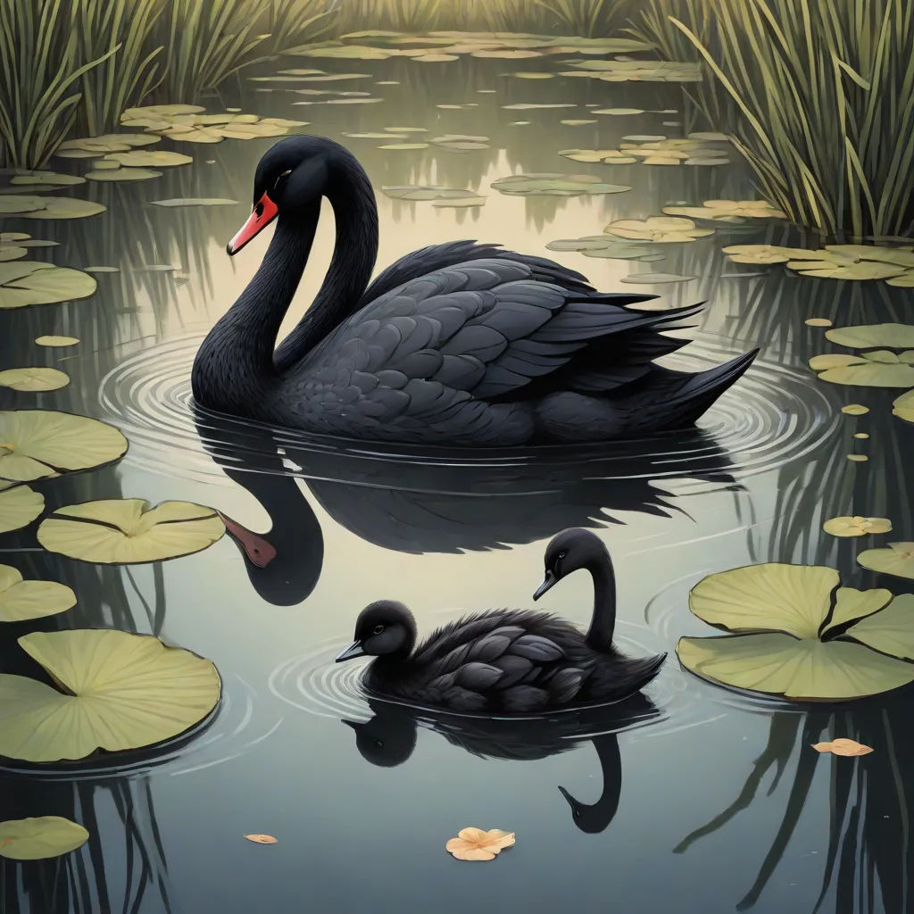 a black swan and its baby swimming in a pond of water lilies and lily pads with lily pads, magic realism, a photorealistic painting, Dan Mumford, highly detailed digital painting