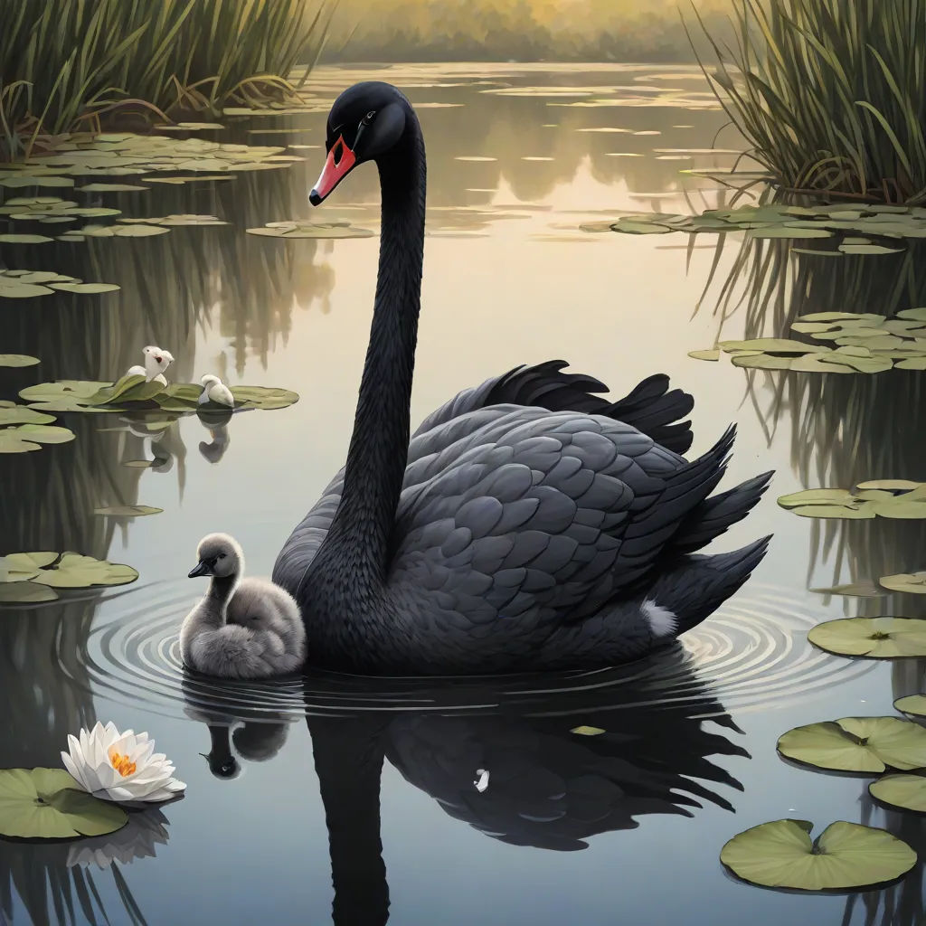 a black swan and her baby swimming in a pond with lily pads and water lilies in the background, magic realism, a photorealistic painting, David A Hardy, highly detailed digital painting