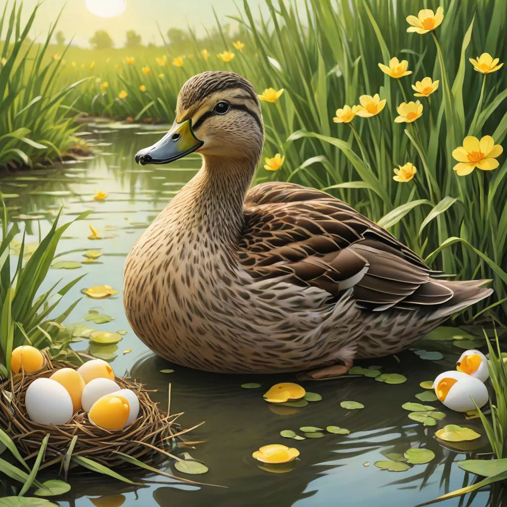 a duck sitting on top of a body of water next to a nest of eggs in a pond of water, american scene painting, a detailed painting, Chris LaBrooy, highly detailed digital painting