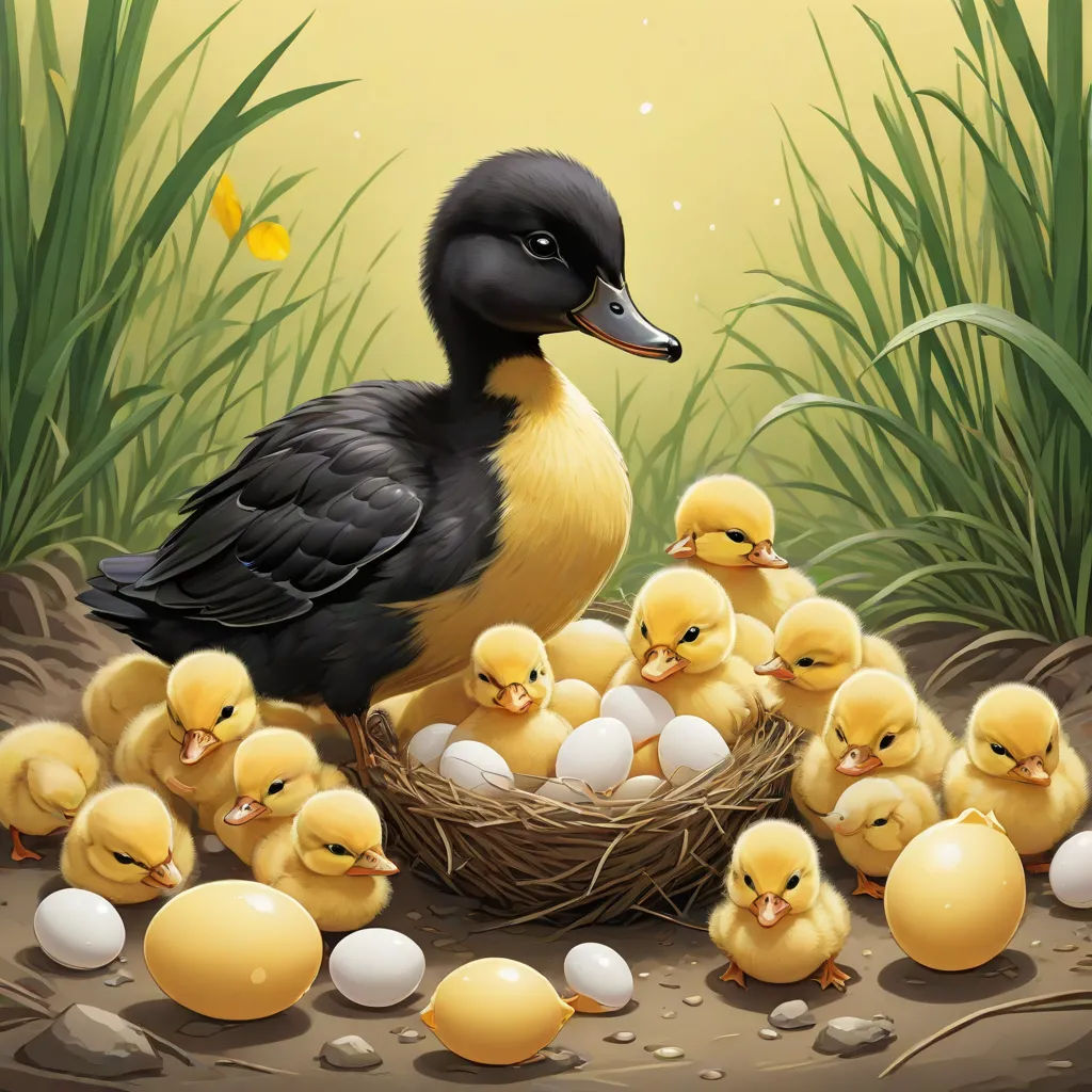 a duck and her chicks are in a nest with eggs in the grass and water behind them, with a yellow background, fantasy art, a detailed painting, Anne Said, highly detailed digital painting