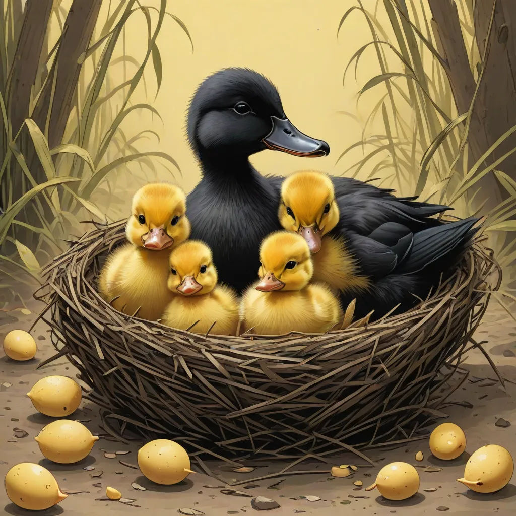 a painting of a mother duck with her chicks in a nest with eggs around it and grass and reeds, massurrealism, a storybook illustration, David A Hardy, highly detailed digital painting