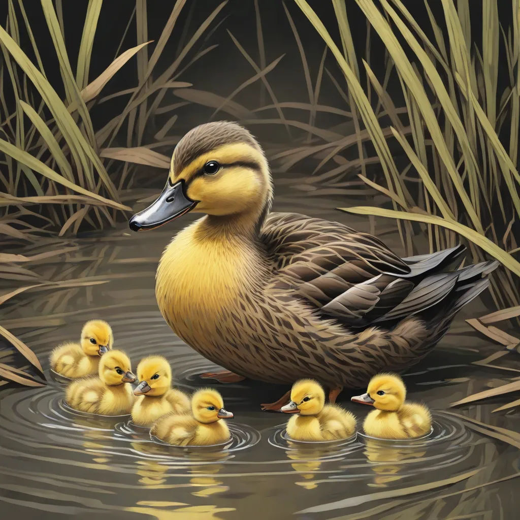 a duck with her ducklings in a pond of water with reeds and grass in the background,, photorealism, a photorealistic painting, David A Hardy, highly detailed digital painting