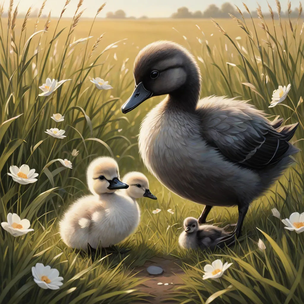 a duck and two baby ducks in a field of flowers and grass with daisies in the background,, american scene painting, a storybook illustration, Chris LaBrooy, storybook illustration