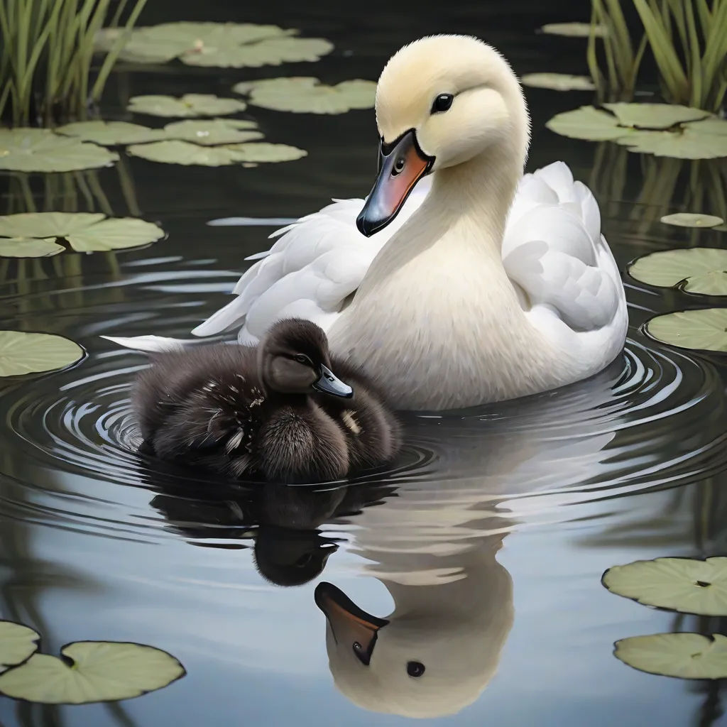 a mother swan and her baby swimming in a pond with lily pads on the water's surface,, photorealism, a photorealistic painting, David Martin, highly detailed digital painting