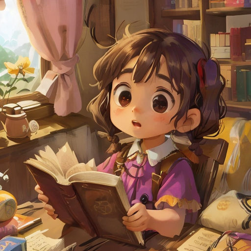 a little girl sitting at a desk reading a book with a book bag on it's lap and a book in front of her