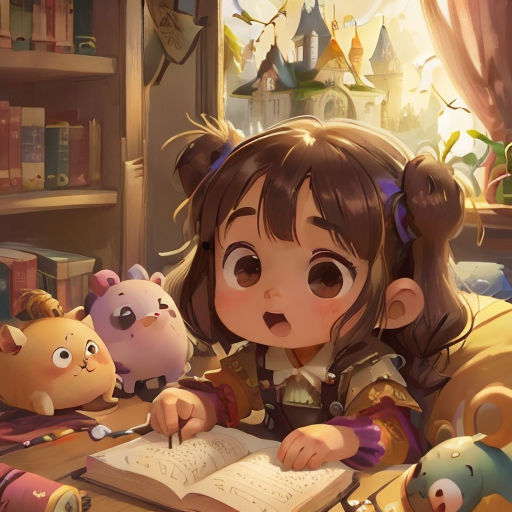 a girl is sitting at a table with stuffed animals and writing a book in front of her, with a bookcase in the background