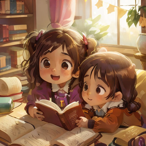 two children reading a book together in a room with books on the floor and a window behind them,