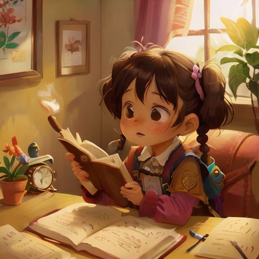 a little girl reading a book while sitting at a table with a clock and a potted plant in the background