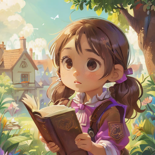 a girl reading a book in a garden with a house in the background and a bird flying overhead in the sky