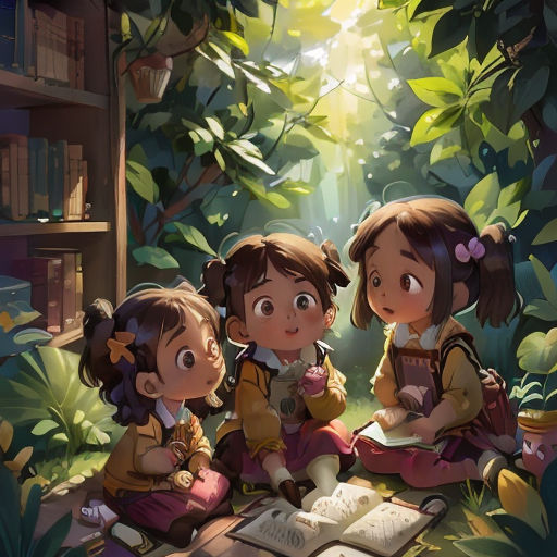 three children sitting on the ground reading books in the woods with a light shining through the trees behind them