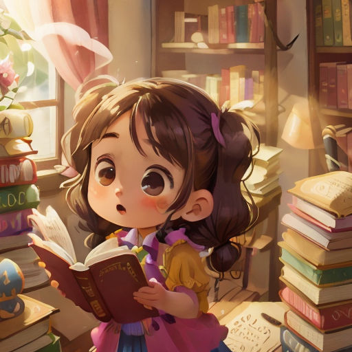 a little girl reading a book in a room full of books and a cat on the floor next to her