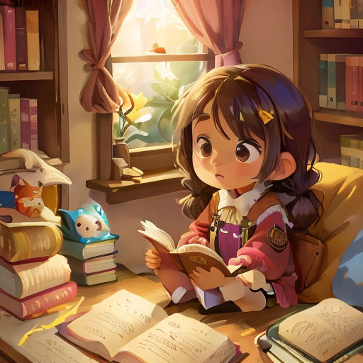 a girl reading a book in a room with books on the floor and a window behind her, and a cat sitting on a chair