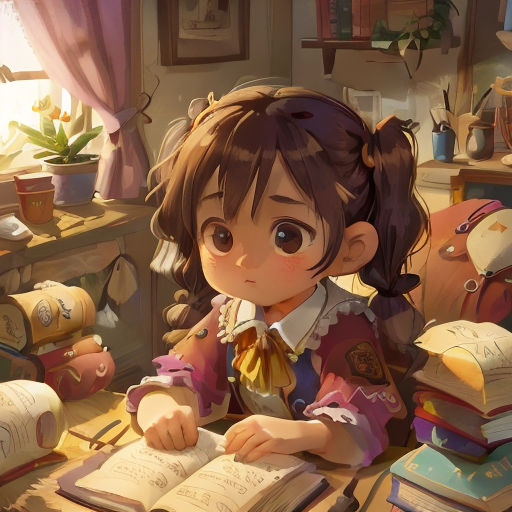 a girl sitting at a table with a book and a pen in her hand and a pile of books on the table
