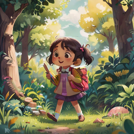 a girl in a forest with a backpack and a book in her hand, walking through the woods with a squirrel
