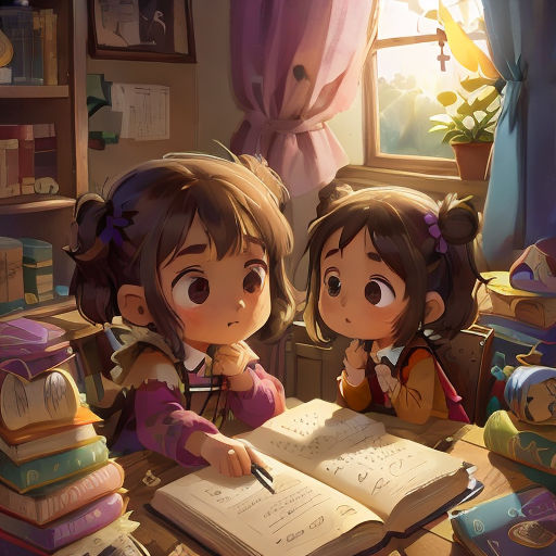 two young girls sitting at a table with books and a pen in front of them, looking at a book