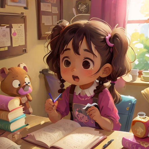 a little girl sitting at a table with a teddy bear and a book in front of her and a teddy bear