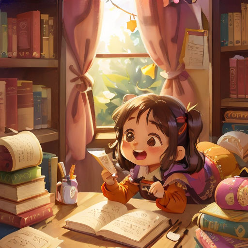 a girl is sitting at a desk with a book and a pen in her hand and a book in front of her