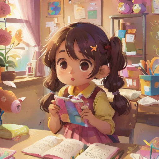 a little girl reading a book in a room with a pig on the wall and a pig on the floor
