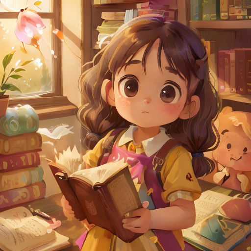 a little girl reading a book in a library with a teddy bear nearby and a window with a flower