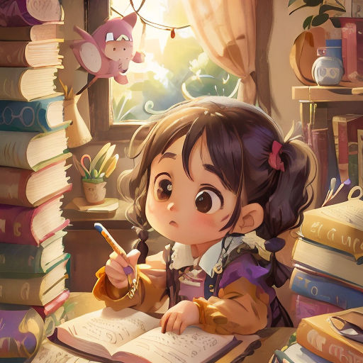 a little girl sitting at a desk with a book and pen in her hand and a pile of books behind her