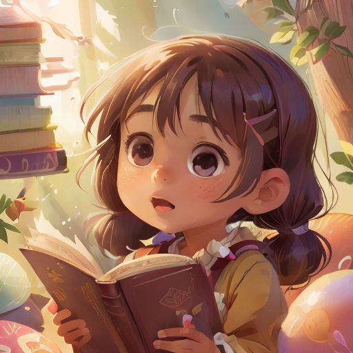 a girl reading a book in a forest with balloons and trees around her, with a sky background and a sky filled with balloons
