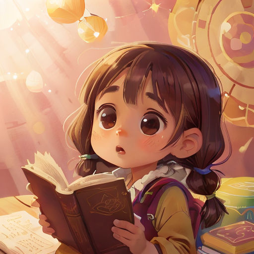 a little girl reading a book while sitting at a table with a lamp in the background and a clock hanging from the ceiling