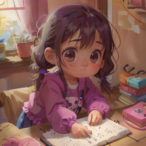a little girl sitting at a table with a book and pen in her hand and a pile of books behind her