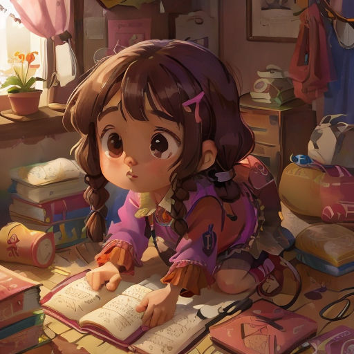 a girl is sitting at a desk with a book and a pen in her hand and looking at the camera