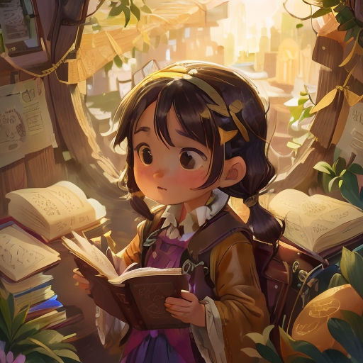a girl reading a book in a forest with a book in her hand and a book in her hand