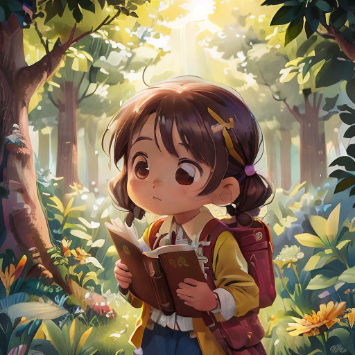a girl reading a book in the woods with a forest background and sunlight shining through the trees and leaves