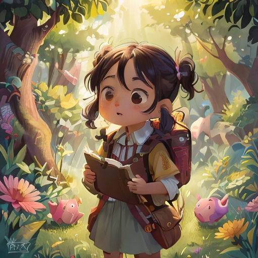 a girl in a forest with a book in her hands and a pig in the background, looking at the camera