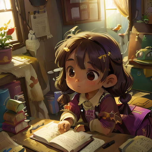 a girl sitting at a desk writing on a book with a book bag on it and a cat sitting on the desk