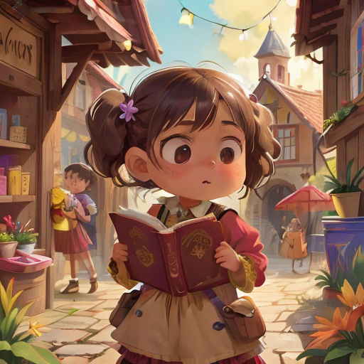a little girl reading a book in a village with other children in the background and a girl in a dress