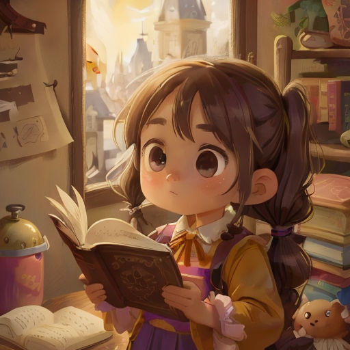 a little girl reading a book in a room with a window and a teddy bear on the floor next to her