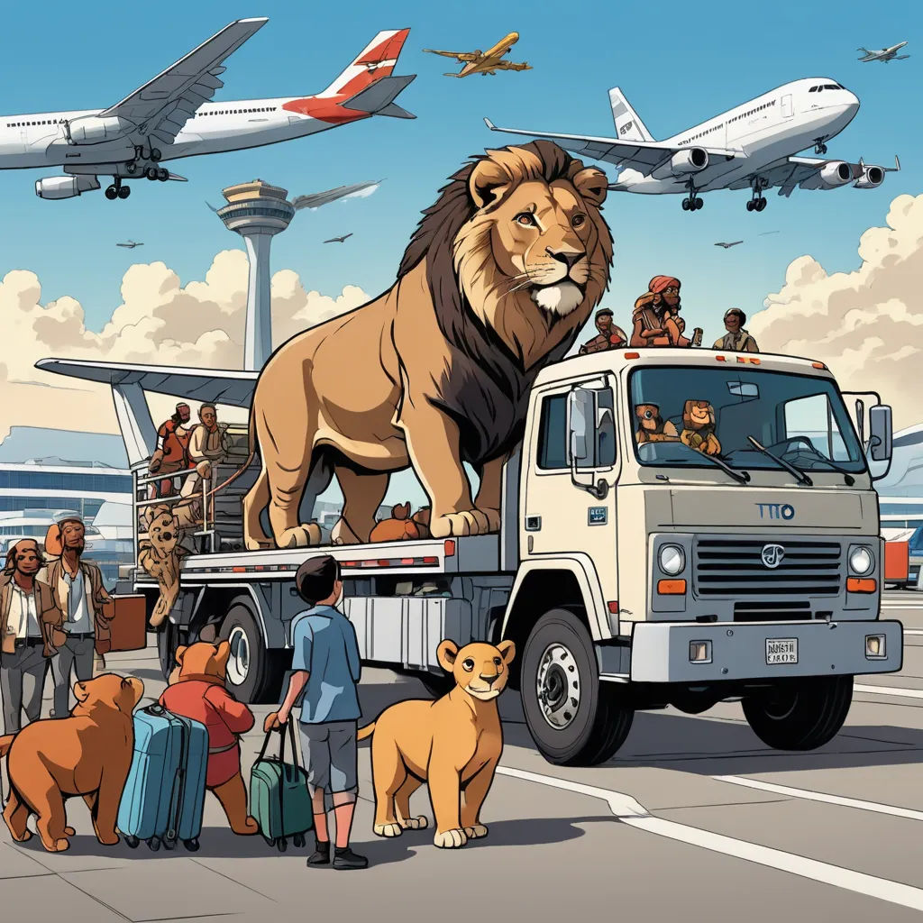 a group of people standing around a truck with a lion on it's back and a plane in the background, serial art, a storybook illustration, Asaf Hanuka, detailed illustration
