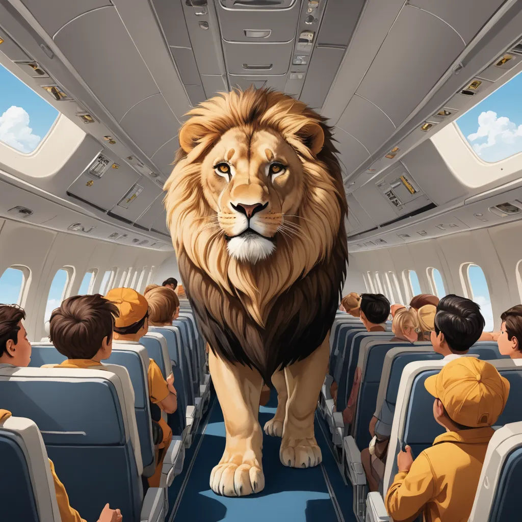 a lion standing on a plane with people watching it from the seats in the aisle way of the plane, fantastic realism, a storybook illustration, Chris LaBrooy, trending on art station