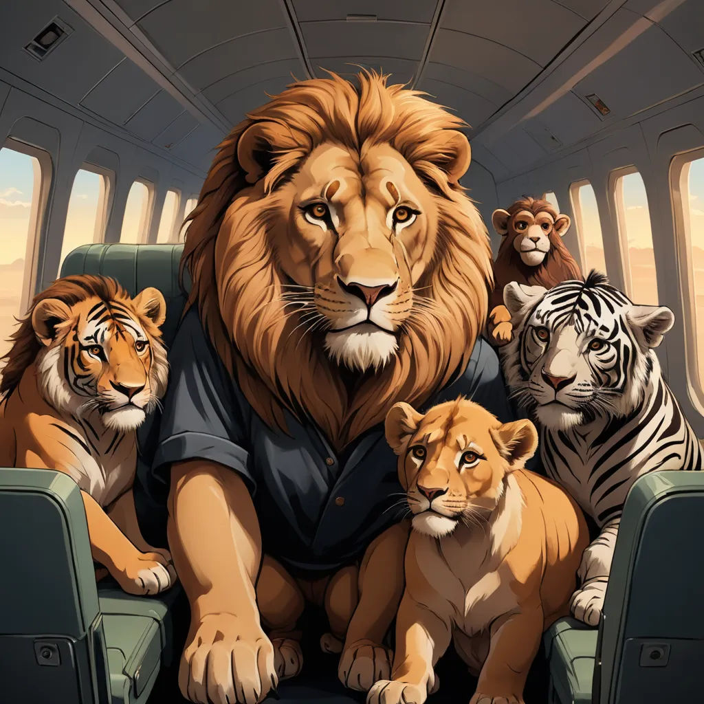 a lion, two tigers, and a tiger sitting on a train seat with the windows open and the sky in the background, furry art, an album cover, Chris LaBrooy, trending on furaffinity
