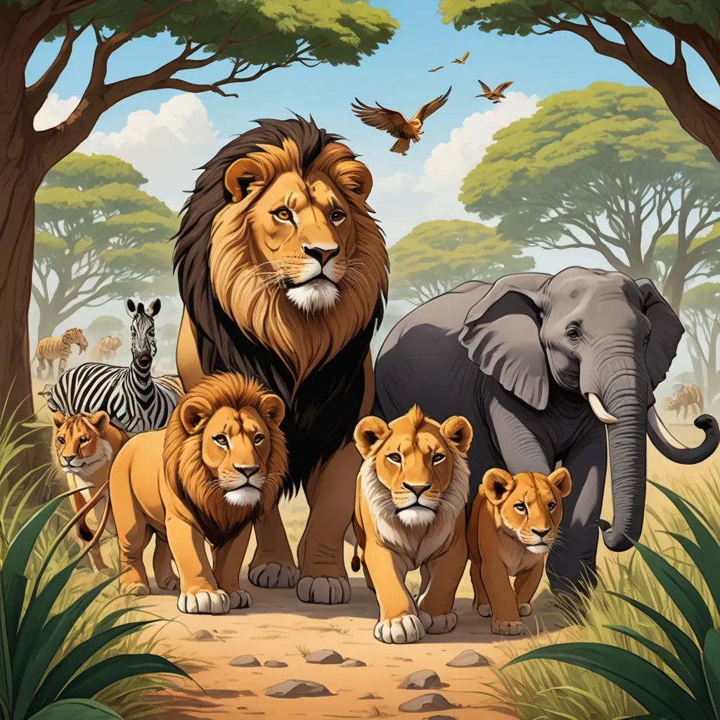 a group of lions and zebras in a jungle scene with a bird flying above them and a zebra and a zebra, naturalism, a storybook illustration, Chris LaBrooy, furaffinity