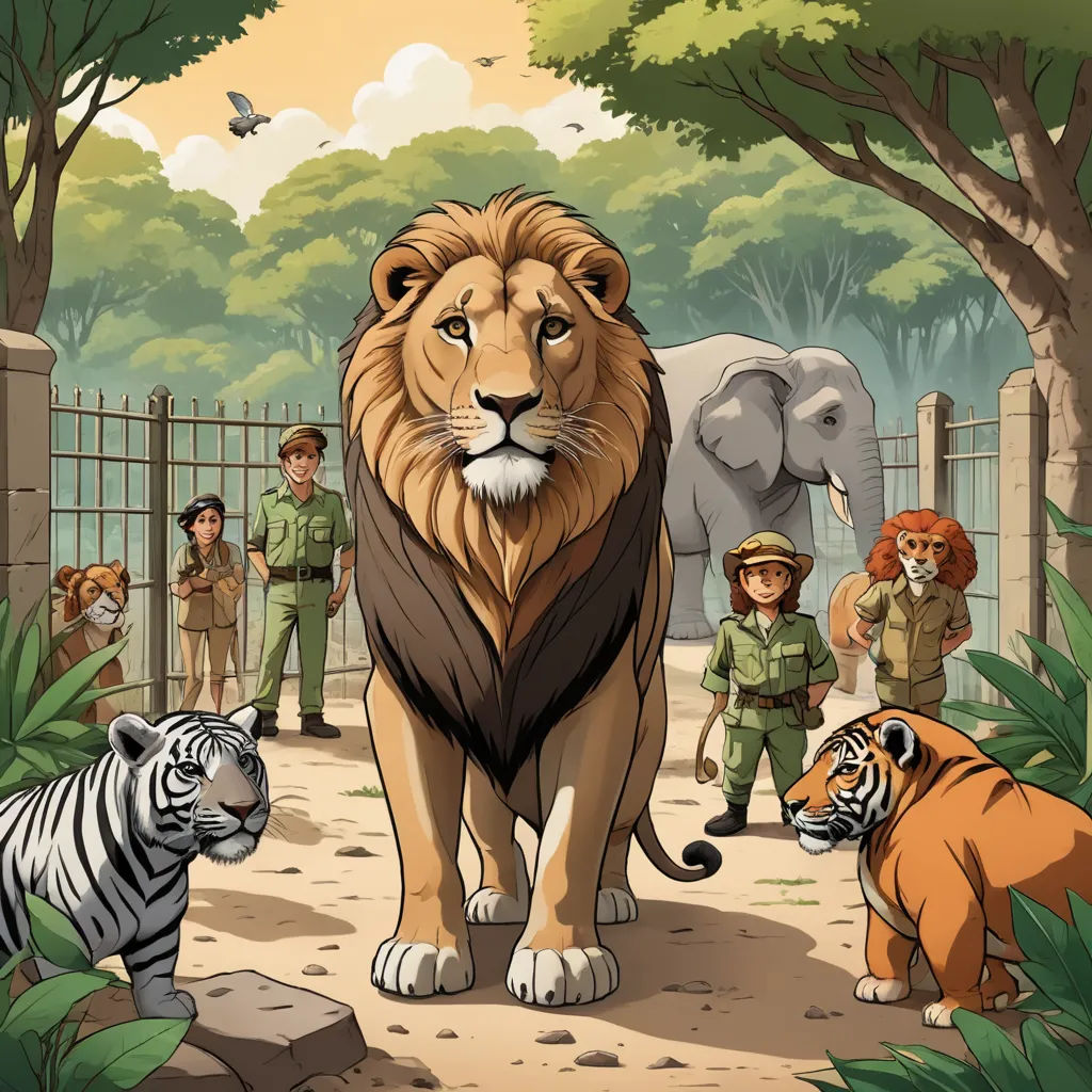 a group of people standing around a zoo with a lion and two tigers in front of them and a group of people standing around, bengal school of art, a storybook illustration, Chris LaBrooy, promotional image